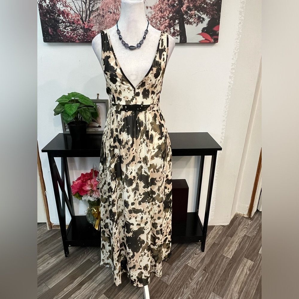Entro Women’s A Line Long Dress  Medium V Neck Animal Print zipper on the side